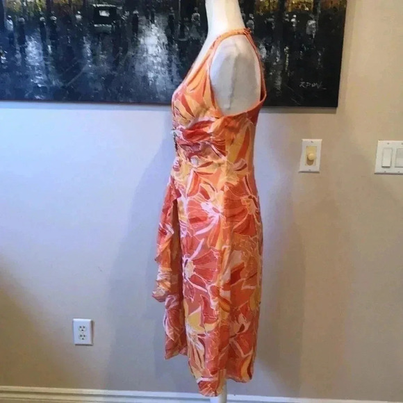KAY UNGER Orange Silk Ruffled Front Halter Dress with Brooch Peephole Back-8 - Picture 4 of 10